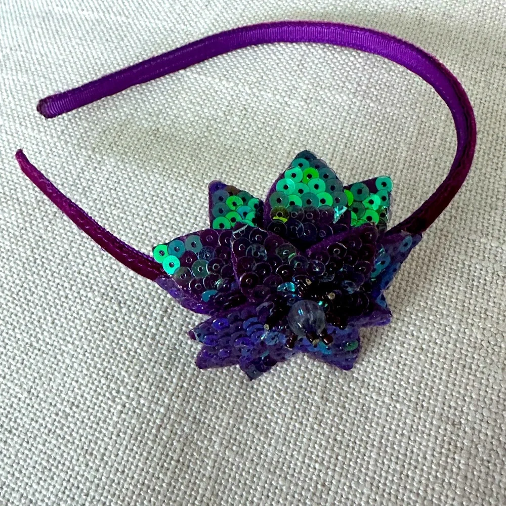 Velvet Headband - sequin flower girl - Purple